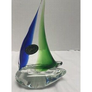 Murano Style Hand Blown Sailboat Blue Green Art Glass 8 “ Tall Boat New